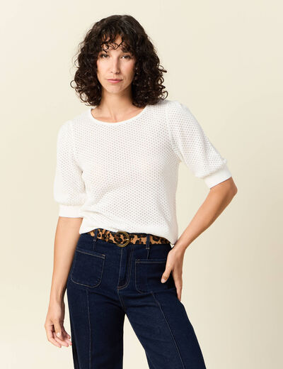 Pull manches courtes ajouré creme femme
