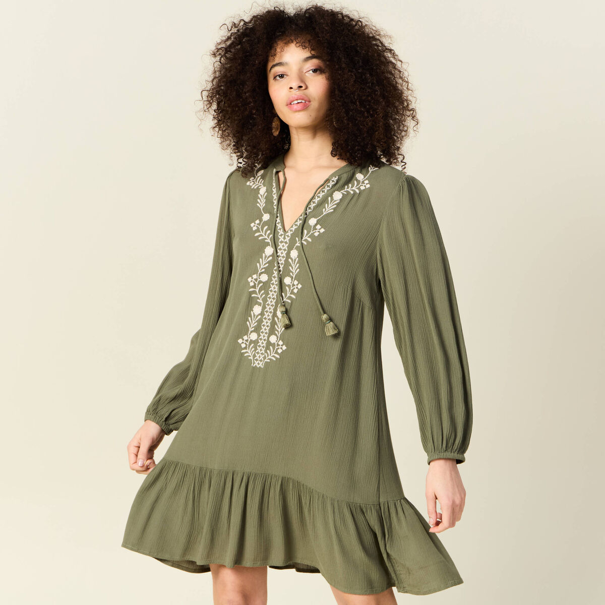 Robe évasée broderie vert kaki femme