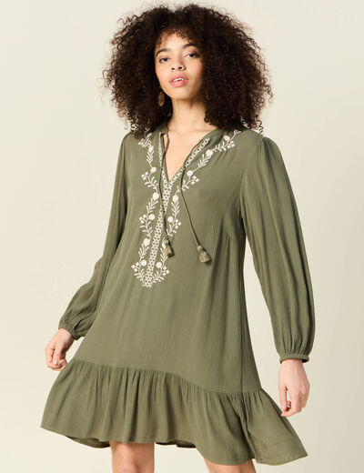 Robe évasée broderie vert kaki femme