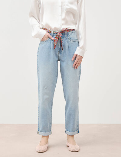 Jeans mom ceinture foulard denim bleach femme