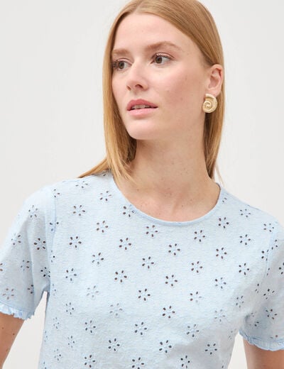 T-shirt droit col rond broderie coton bleu ciel femme