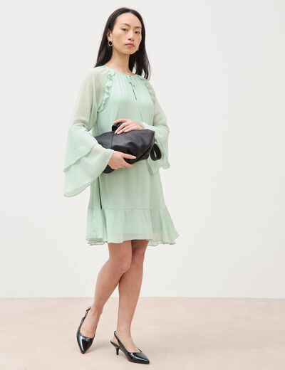 Robe courte &eacute;vas&eacute;e manches longues vert pastel femme