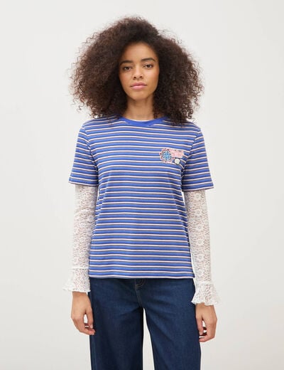 T-shirt ray&eacute; col rond manches courtes bleu electrique femme