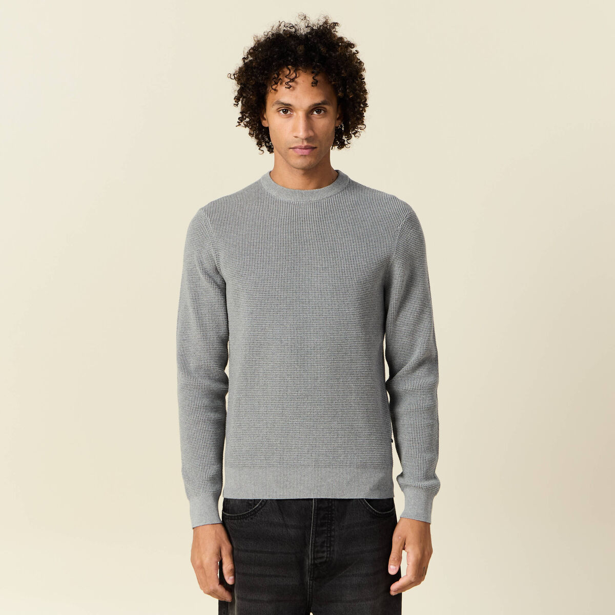 Pull manches longues col rond gris homme