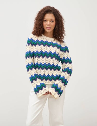 Pull ajour&eacute; coton manches longues ecru femme
