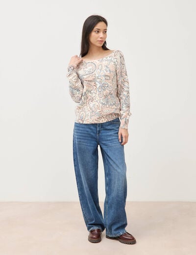 Pull col bateau manches longues ecru femme