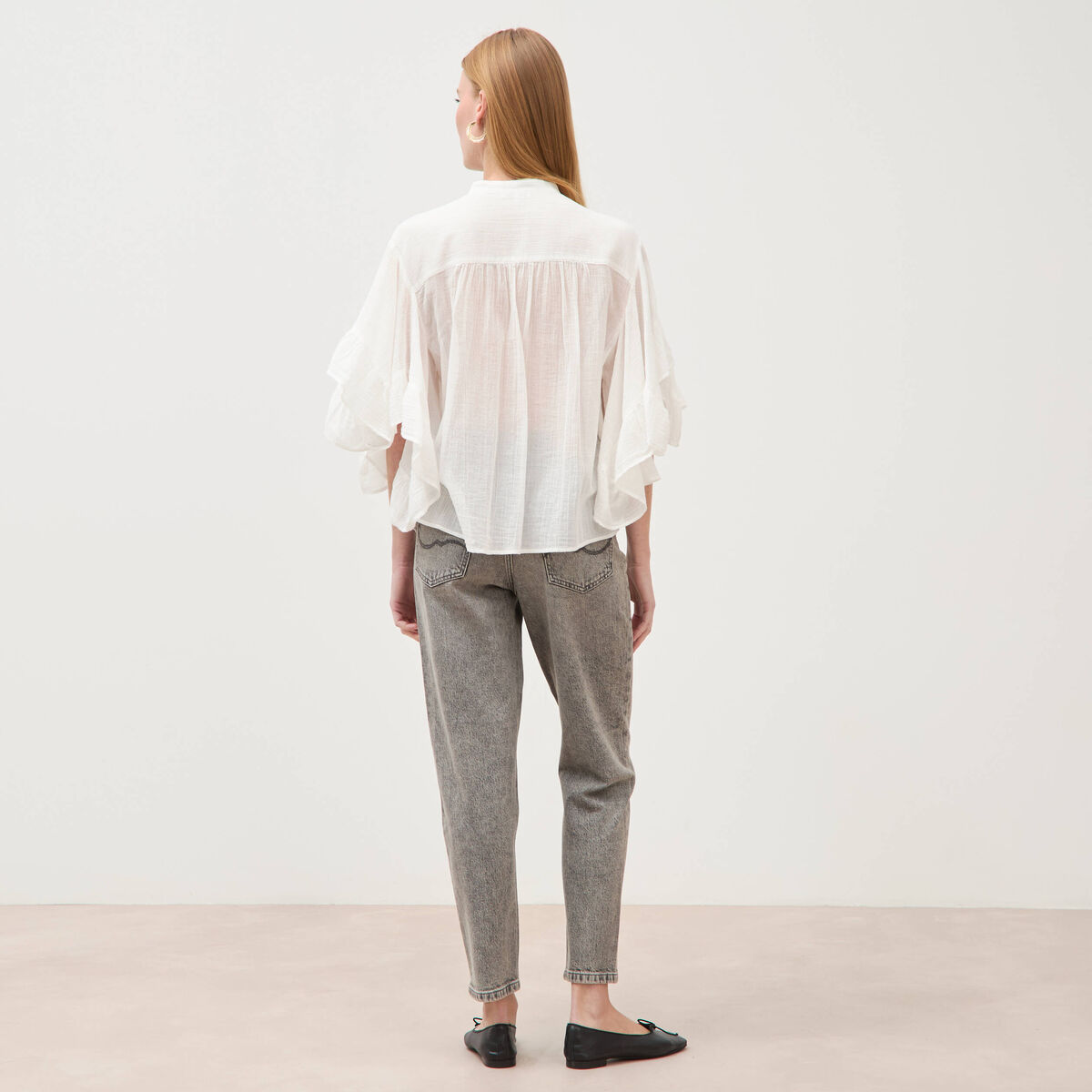 Blouse boyfriend manches coude en coton ecru femme