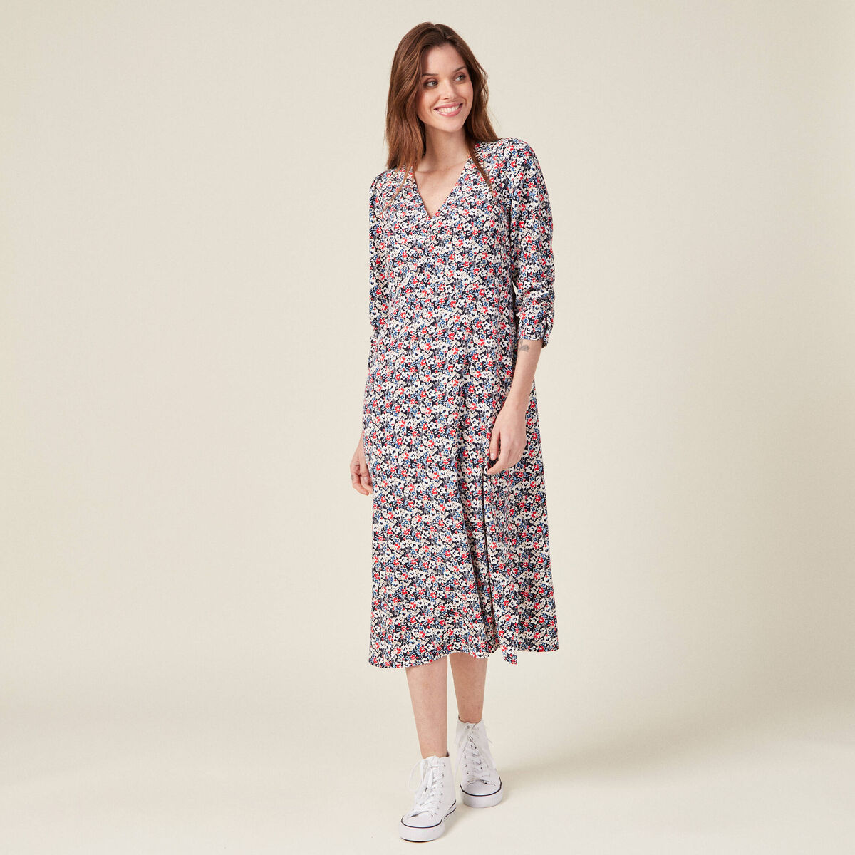 Robe cintr&eacute;e col v manches longues bleu marine femme