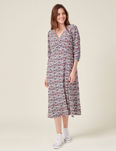 Robe cintr&eacute;e col v manches longues bleu marine femme