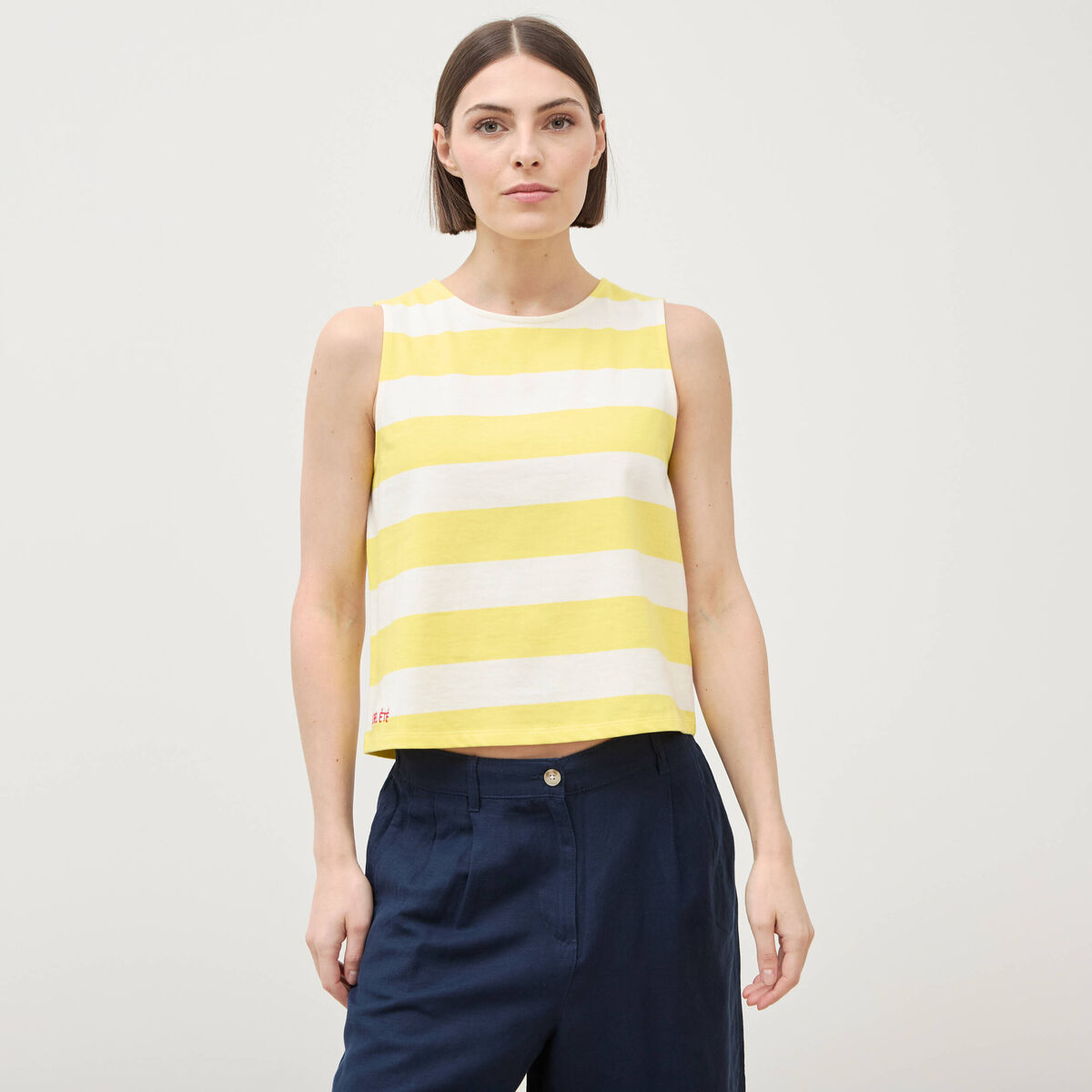 D&eacute;bardeur ray&eacute; col rond en coton jaune femme