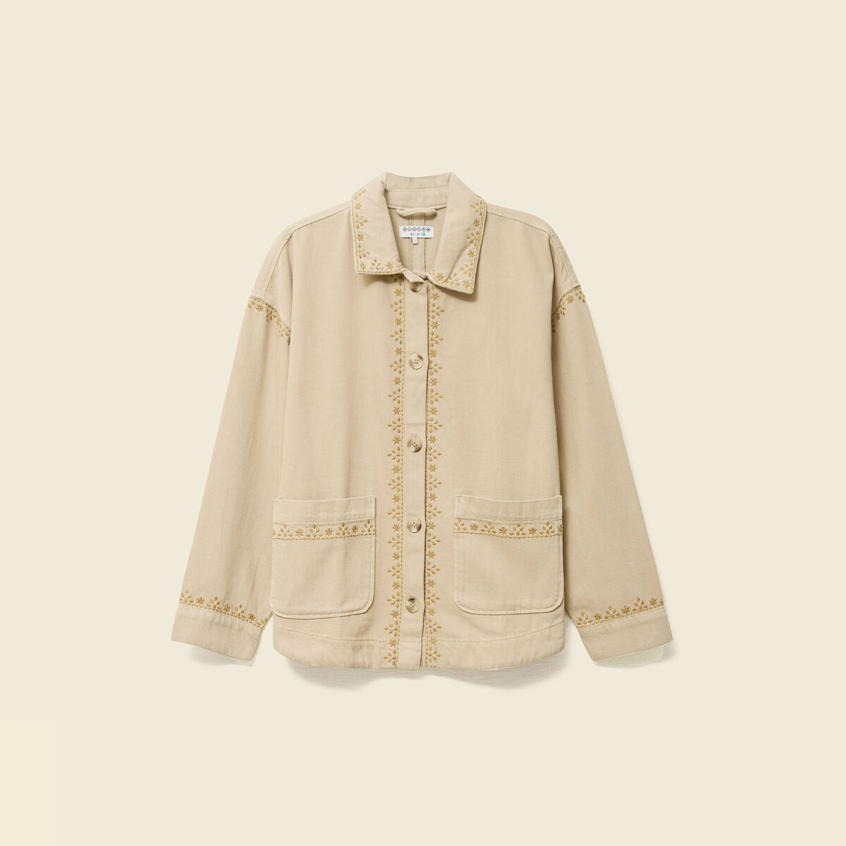 Blouson boutonn&eacute; brod&eacute; beige femme
