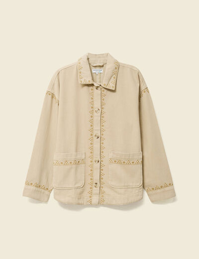 Blouson boutonn&eacute; brod&eacute; beige femme