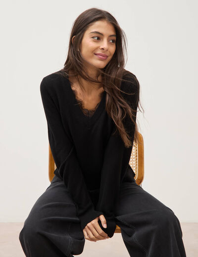 Pull droit col v manches longues noir femme