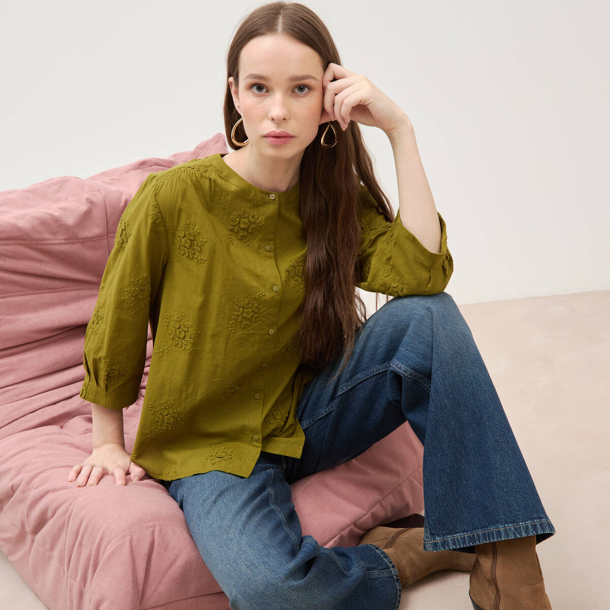 Chemise en coton manches 3/4 vert kaki femme