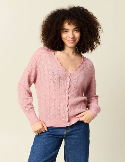 Gilet ajour&eacute; col V manches longues rose pastel femme