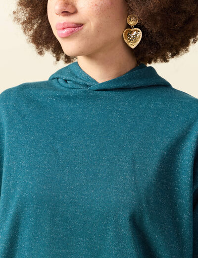 Sweat &agrave; capuche manches longues brillant bleu canard femme