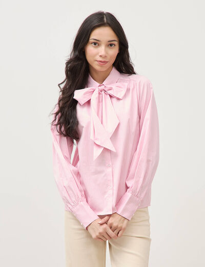Chemise droite col noeud manches longues rose poudr&eacute;e femme
