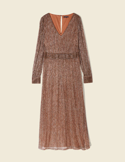 Robe longue évasée col en V marron cognac femme