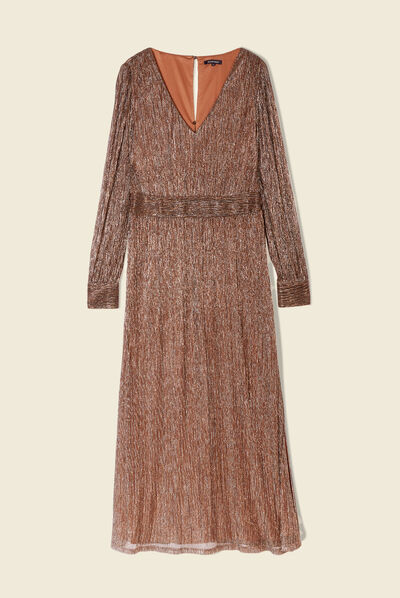 Robe longue évasée col en V marron cognac femme