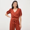 Blouse cropped manches courtes marron cognac femme