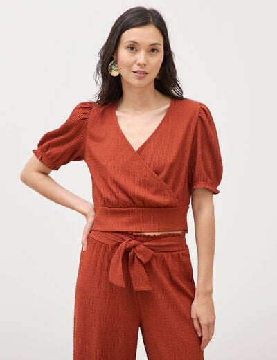 Blouse cropped manches courtes marron cognac femme