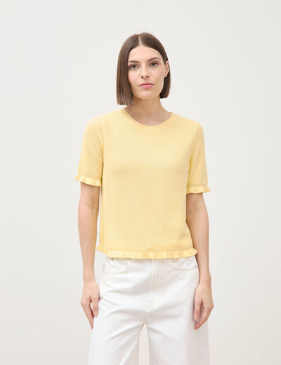Pull droit col rond manches courtes jaune clair femme