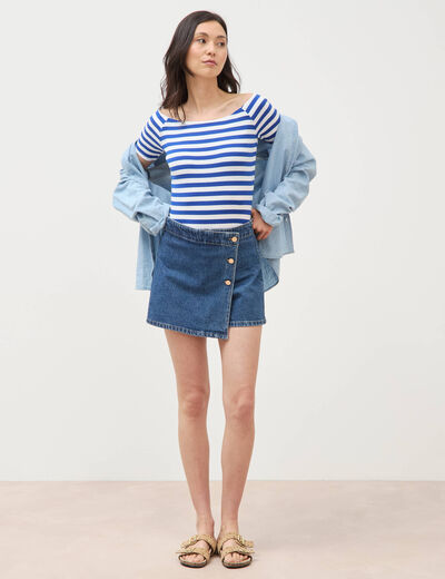T-shirt ajust&eacute; cropped encolure bardot blanc femme