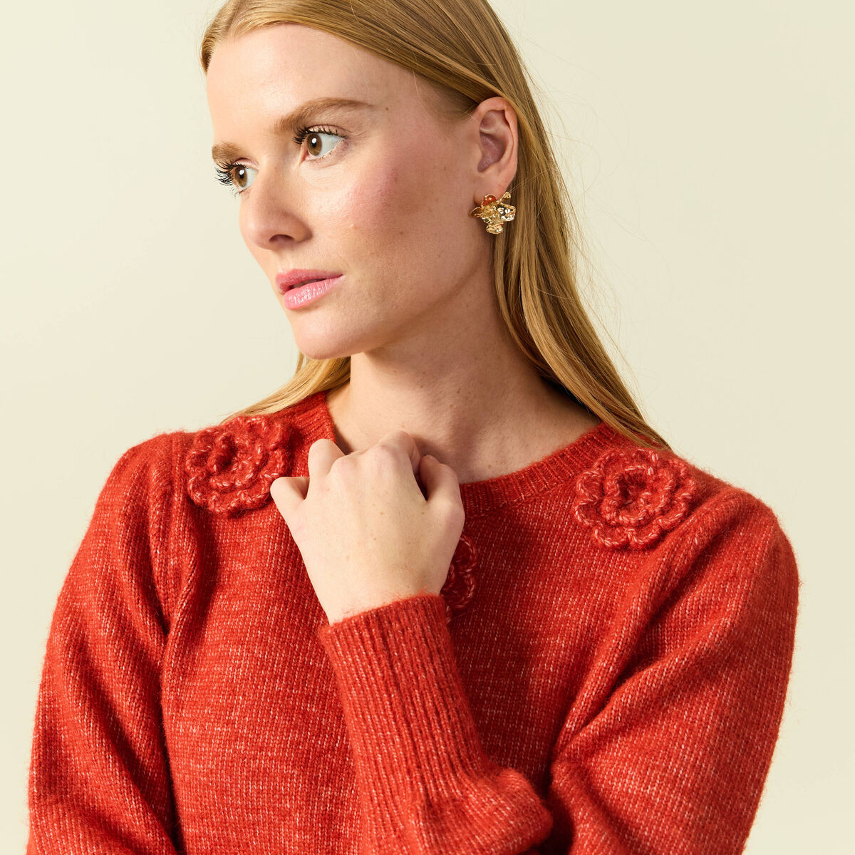 Pull manches longues col rond rouge fonc&eacute; femme