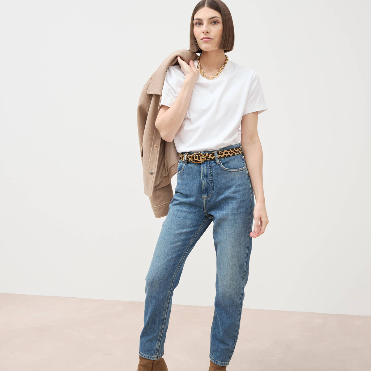 Jeans mom cropped taille haute denim dirty femme