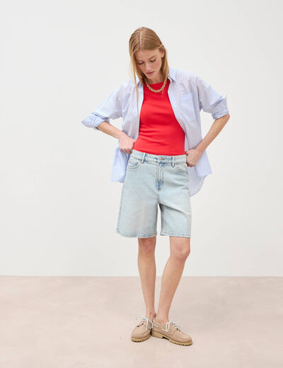 Bermuda jeans large taille haute denim snow bleach femme