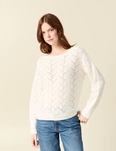 Pull ajour&eacute; col bateau manches longues ecru femme