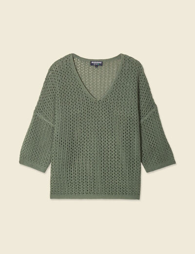 Pull col en V éco-responsable vert kaki femme