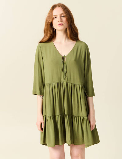 Robe évasée manches 3/4 vert kaki femme
