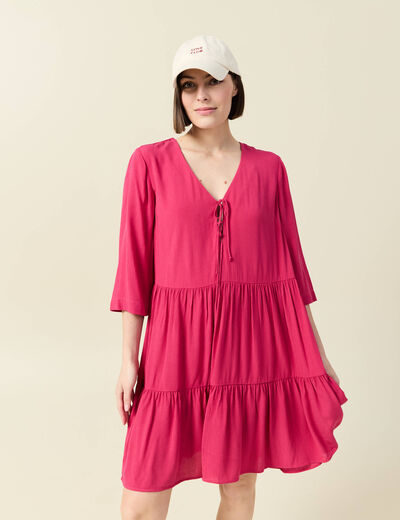 Robe évasée manches 3/4 rose framboise femme