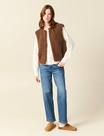 Pull ajour&eacute; col bateau manches longues ecru femme