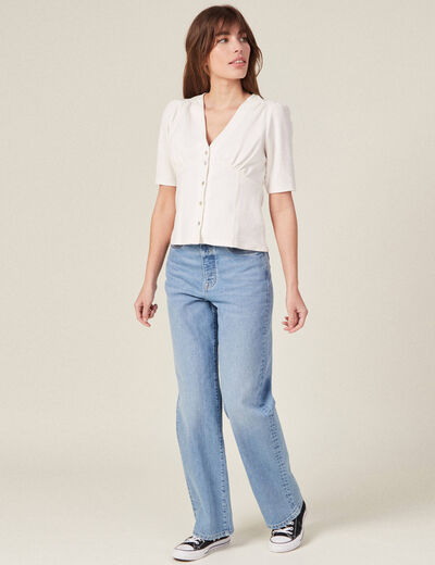 T-shirt boutonné à manches courtes ecru femme