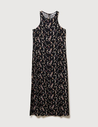 Robe longue droite sans manches col v noir femme