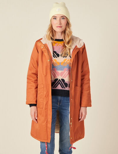 Parka droite à capuche doublée orange foncé femme