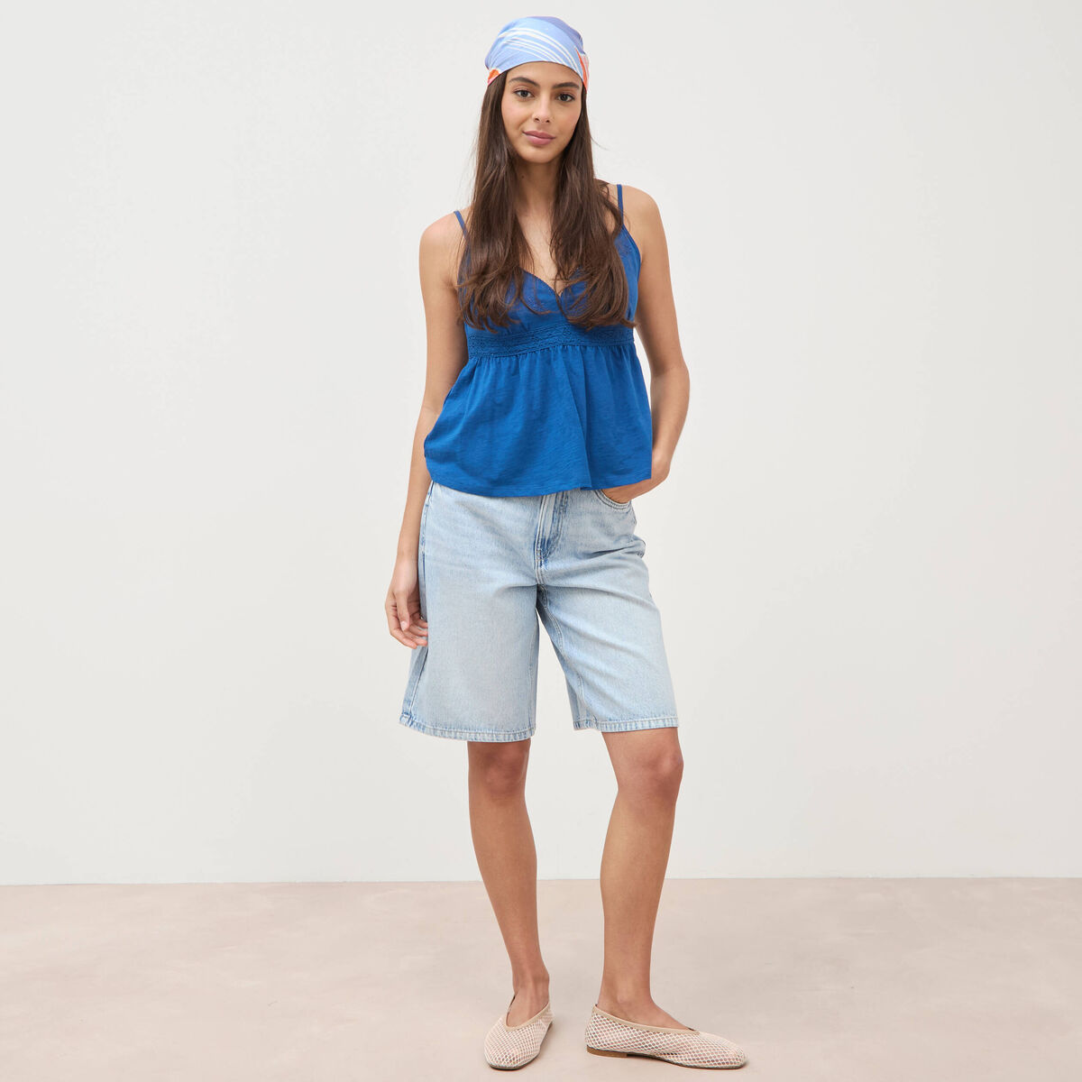 Bermuda large taille haute en coton denim bleach femme