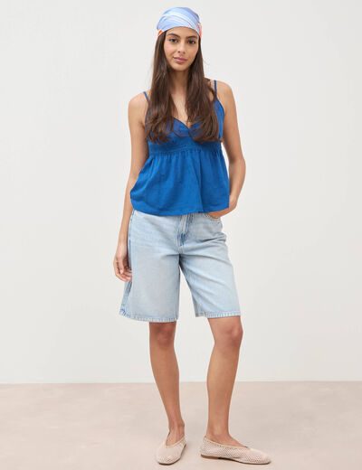 Bermuda large taille haute en coton denim bleach femme