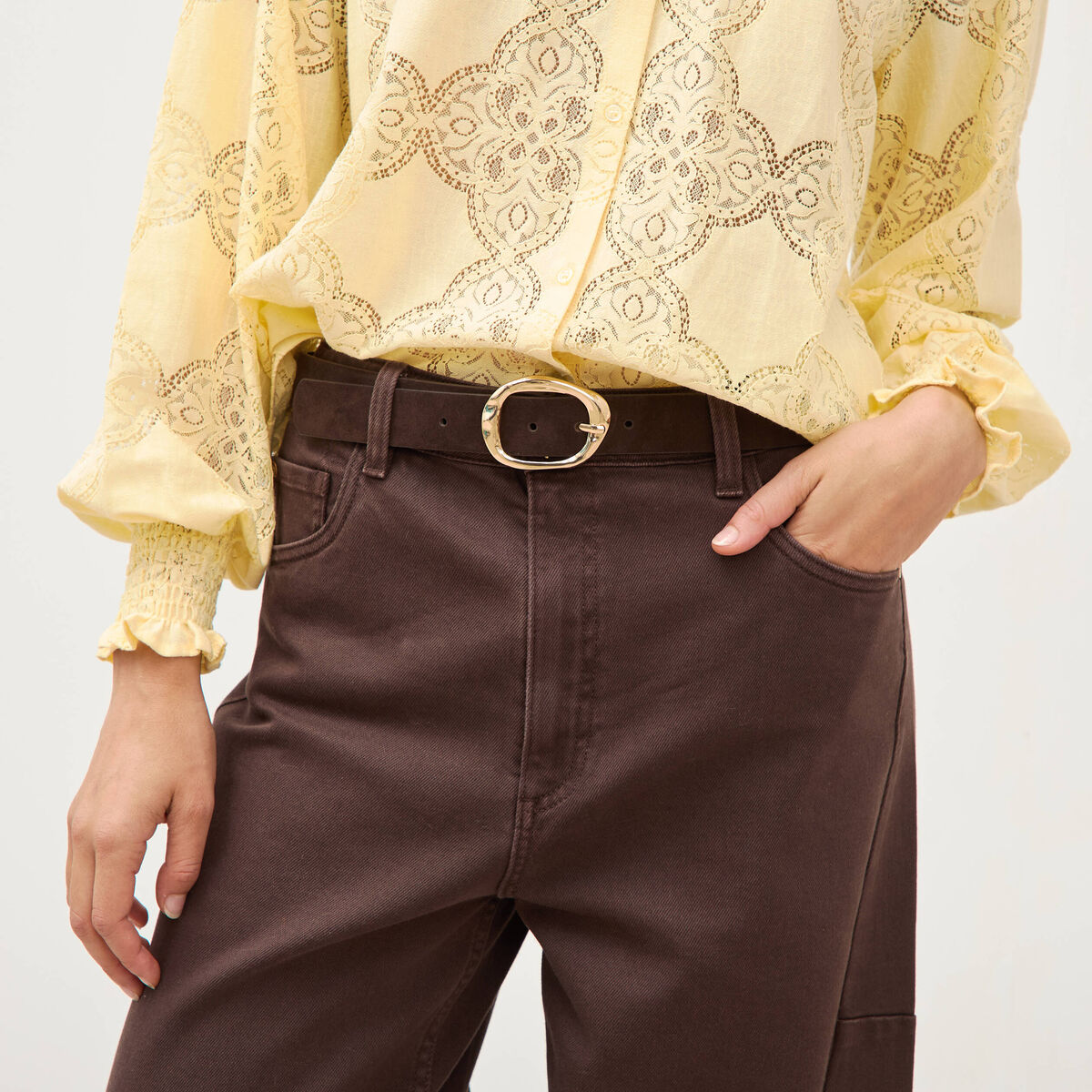 Ceinture large en cuir marron fonc&eacute; femme