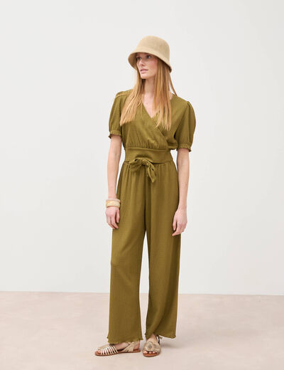 Blouse cropped manches courtes vert kaki femme
