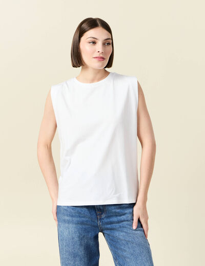 T-shirt col rond sans manches en coton blanc femme