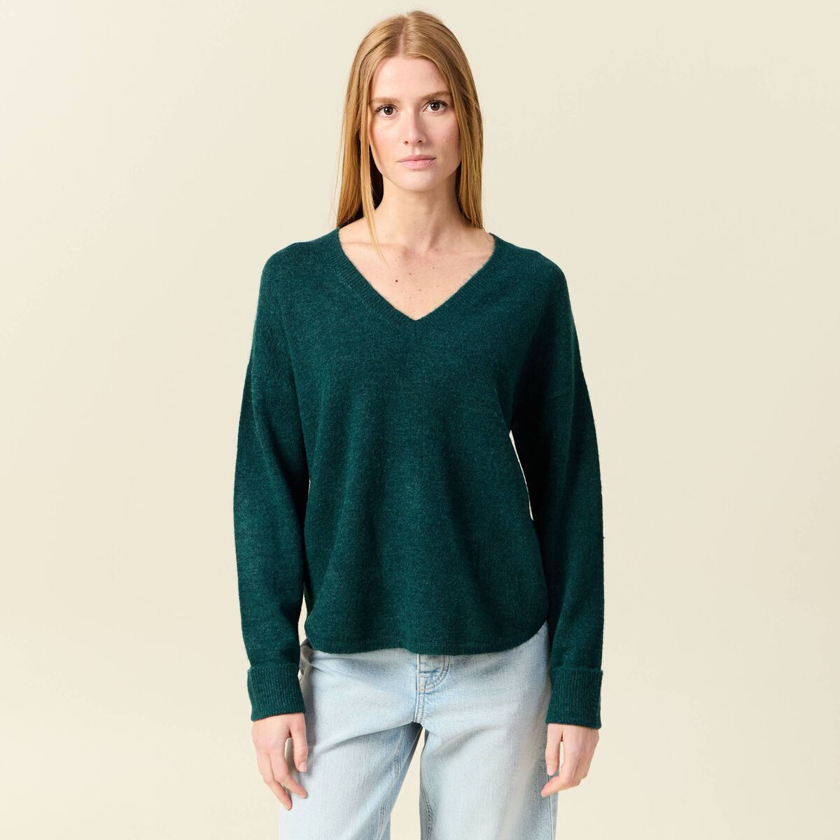 Pull manches longues col en V vert fonc&eacute; femme