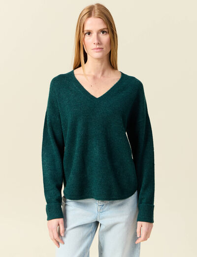 Pull manches longues col en V vert fonc&eacute; femme