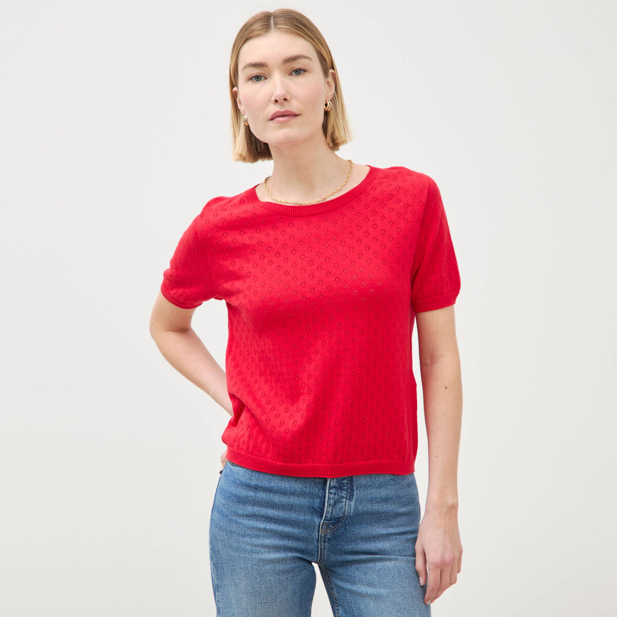Pull col rond manches courtes rouge fonc&eacute; femme