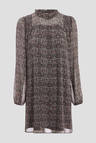 Robe évasée fluide col volants noir femme