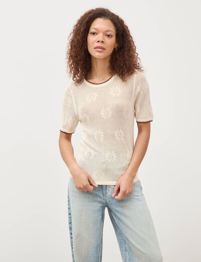 Pull droit court manches courtes ecru femme