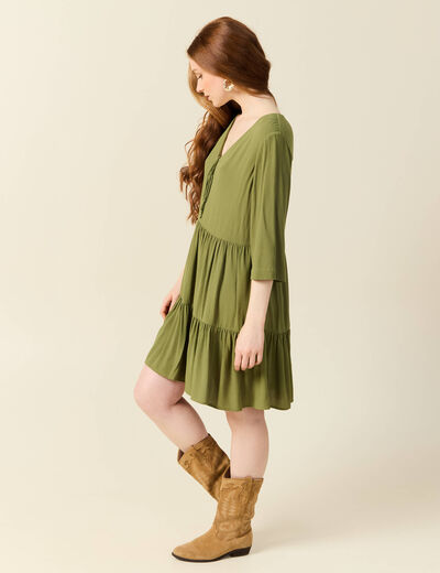 Robe évasée manches 3/4 vert kaki femme