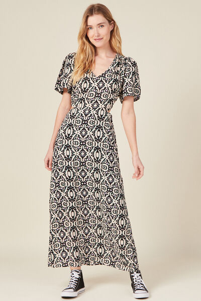 Robe longue droite ouvertures noir femme